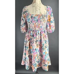 BCBG generation puffed sleeve smocked top floral milkmaid dress SZ XS fairy